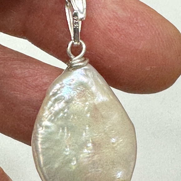 White Cultured Teardrop Coin Pearl on 925 Silver Chain - 16 or 18 Inches - Picture 6 of 11